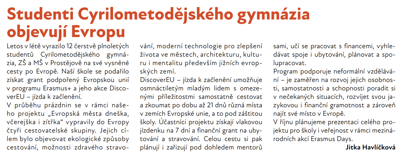 „Studenti Cyrilometodějského gymnázia objevují Evropu